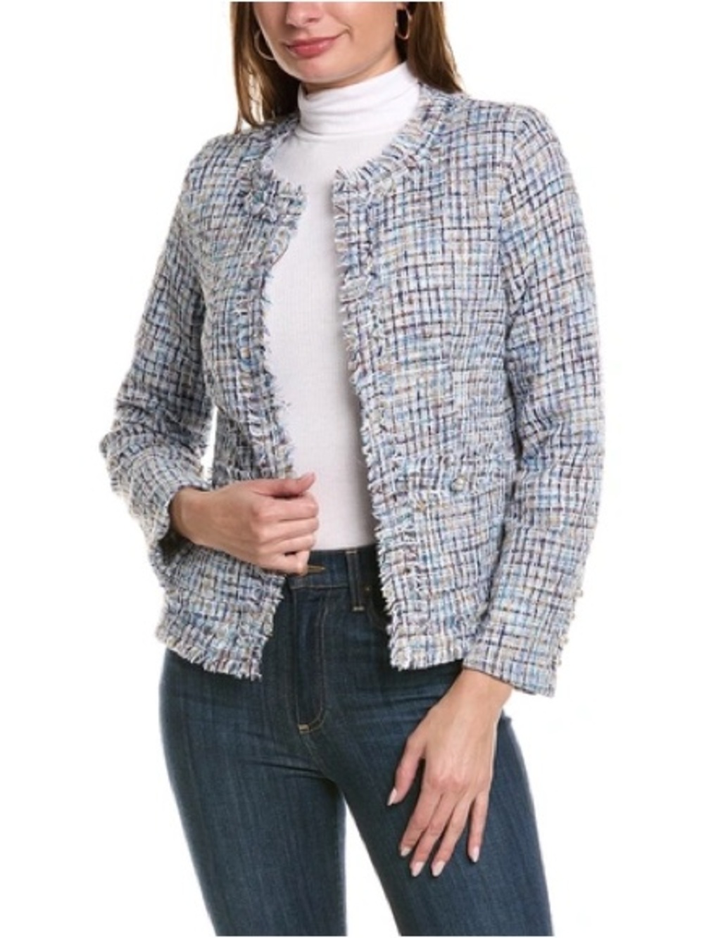 Nanette Lepore Light Blue Tweed Fringe Open-Front Blazer